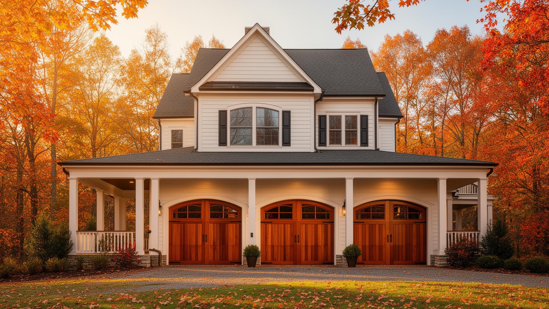 Beautiful home with elegant mahogany garage doors surrounded by fall foliage